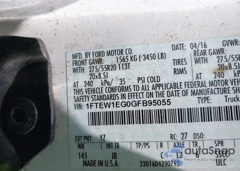 2016 Ford F150 Supercrew z USA, uszkodzony, nr VIN 1FTEW1EG0GFB95055